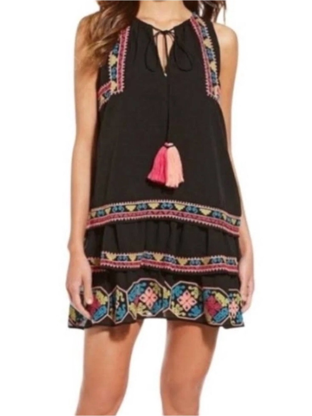 Gianni Bini Black Tassel Embroidered Aztec Wester  Black Ruffle Short Dress Smal